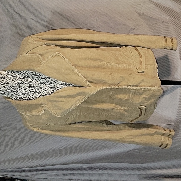 Khaki Jacket Frayed Edges Gold‎ Accents Casual Chic Neutral Tones - Picture 1 of 7